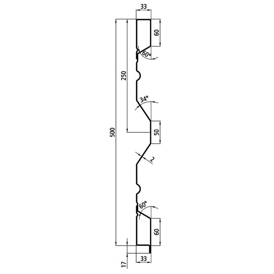 Steel dropside profile PDLA 500/33/33 FS, 2 mm thick