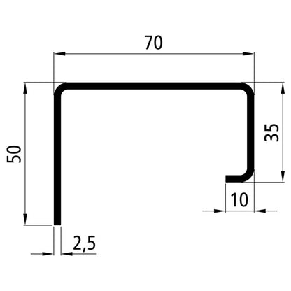 Scuff plate profile, raw, S235JRH, 70 x 50 x 2.5 mm, 6000 mm