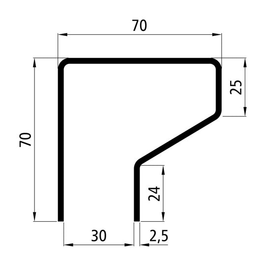 Scuff plate profile, raw, S235JRG2, 70 x 70 x 2.5 mm, 6000 mm