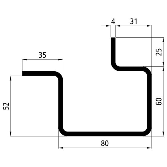 Corner stanchion profile, raw stl., 80 x 85 x 4 mm, 6 m