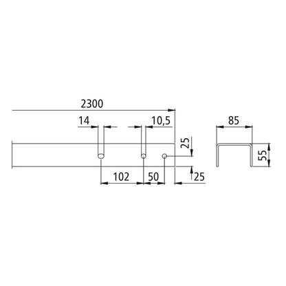 U-beam w/ holes, 2300 mm, sendzimir galvanised