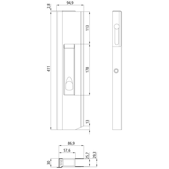 DC411SL long travel lock, left, with stop, 411 mm