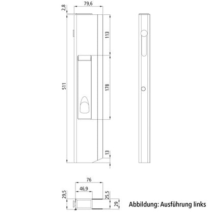 Long travel lock SC511SSR, right, with short stop, 511 mm