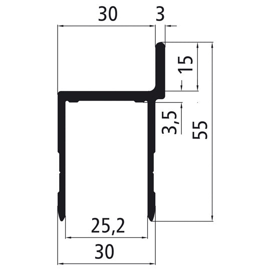 Aluminium 25 mm kantlist med böjd flagga, epoxiprimerad