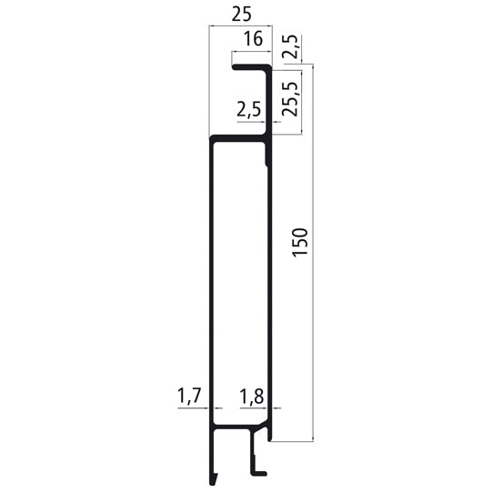 Aluminium 25 mm SL, 150 mm top part f. bottom wall, epoxy prime