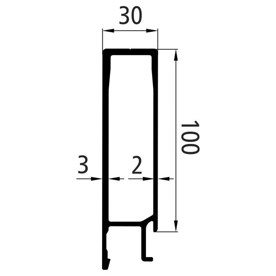 Aluminium 30 mm SL, 100 mm övre del, rå yta