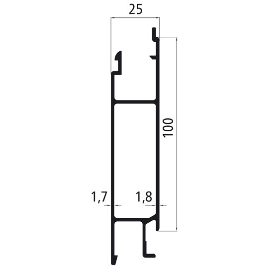 Aluminium 25 mm SL, 100 mm centre section, mill finish