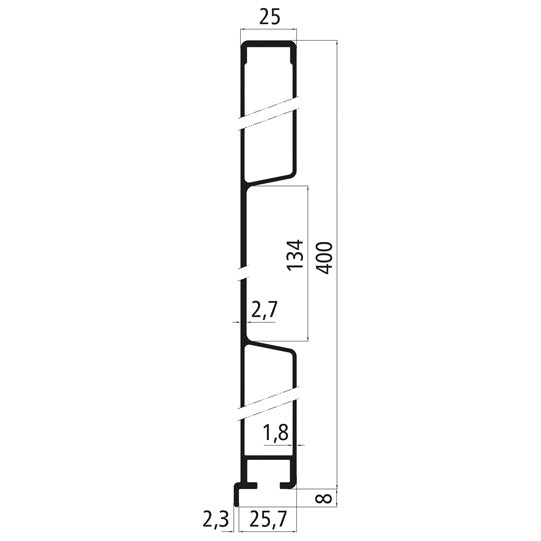 Aluminium 25 mm one-piece, 400 mm side board w. tarpaulin troug