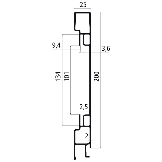 Aluminium 25 mm SL, 200 mm top part f. anchor channel, bR press