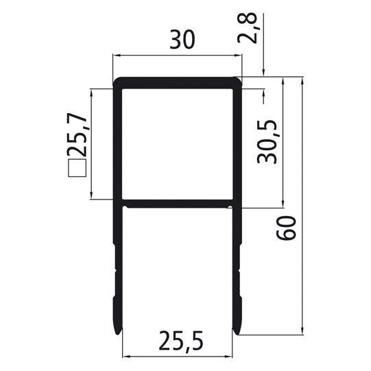 25 mm ihålig kammarkant i aluminium, pressbehandlad