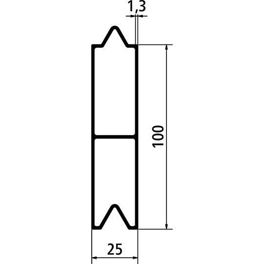 Aluminium 25 mm push-on batten, 100 mm, w. centre bar, mill fin