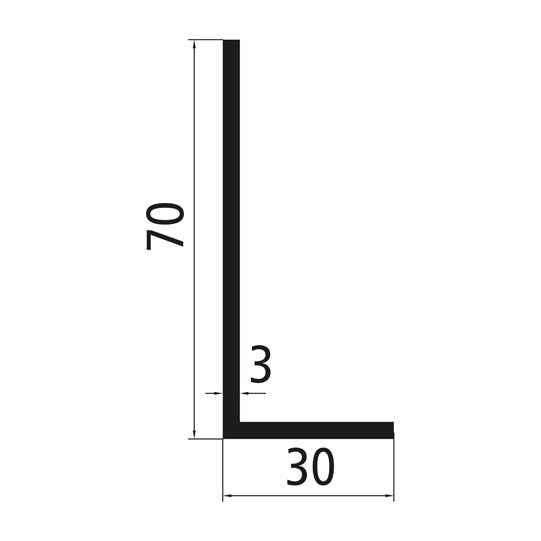 Aluminium angle profile 70x30x3mm, anodised