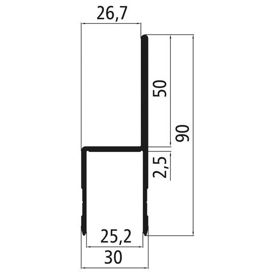 Aluminium 25 kantlist med rak flagga, anodiserad