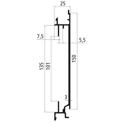 Aluminium 25 mm SL, 150 mm centre section f. anchor channel, an
