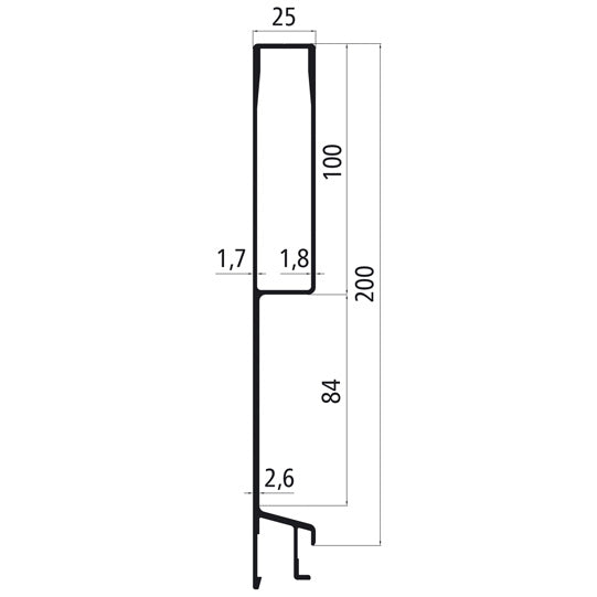 Aluminium 25 mm SL, 200 mm upper part w. 100 mm tarpaulin reces