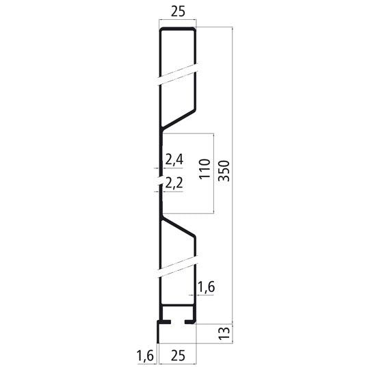 Aluminium 25 mm one-piece 350 mm side board w. Tarpaulin recess