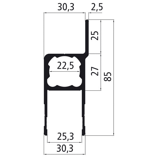 25 mm alumiininen reunalevy espagnolette-lukkoa varten. anodisoitu