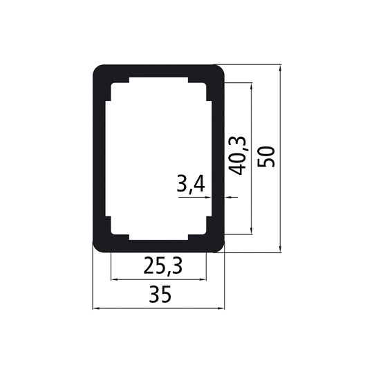 Alumiininen suorakaiteen muotoinen putki 50x35x3,4 mm, anodisoitu