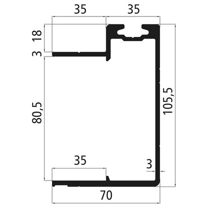 Aluminium floor frame 105.5mm, w. airline system, anodized