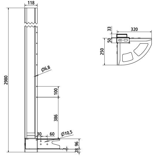 Kulmapilari kiinnityskulmalla. 2850 mm. takana vasemmalla