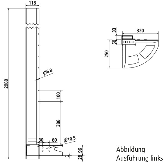 Corner pillar with fixing corner, 2850 mm, rear right