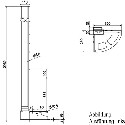 Corner pillar with fixing corner, 2850 mm, rear right