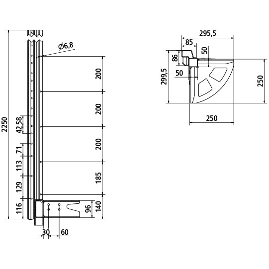 Corner pillar with fixing corner, 2850 mm, front right