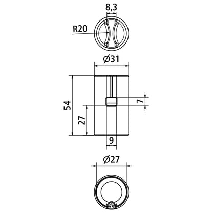 Bottom adapter f. aluminium clamping tube 27 mm, SS, w/ slot