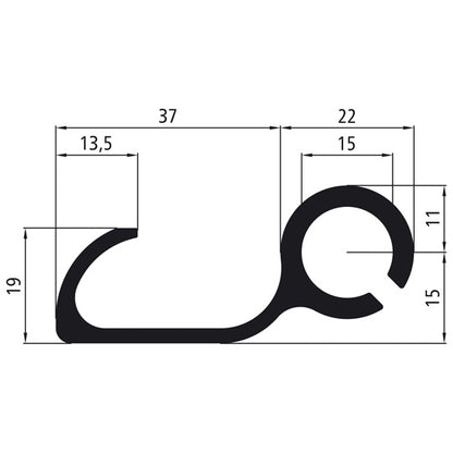 Presenningsspännkrok i rå aluminium, framåtriktad, 3300 mm