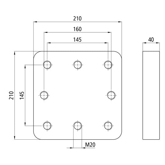 Weld-on plate 8-hole 210 x 210 x 40 mm M20