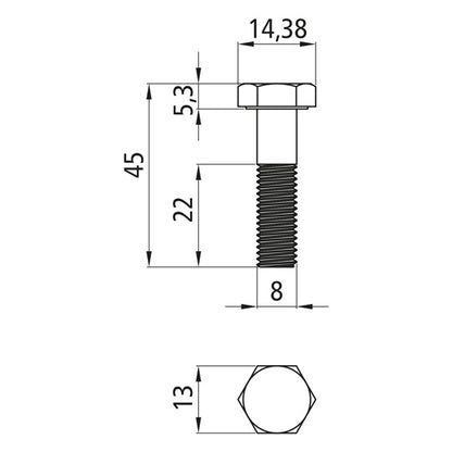 Sexkantsskruvar med skaft, förzinkade, M 8 x 45