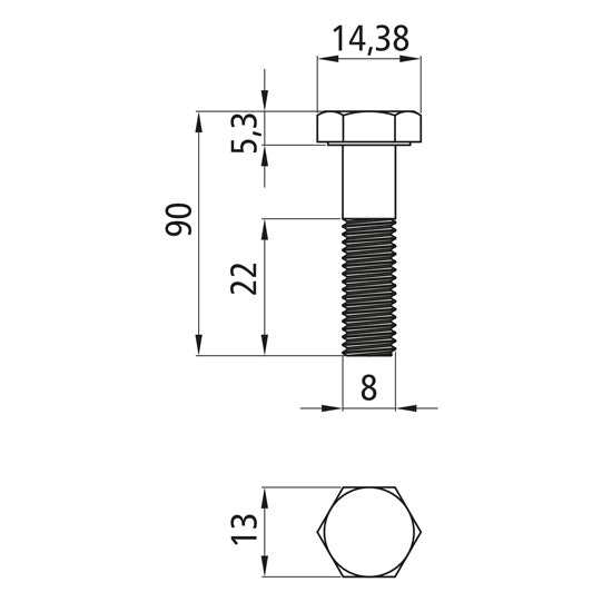 Sexkantsskruvar med skaft, förzinkade, M 8 x 90