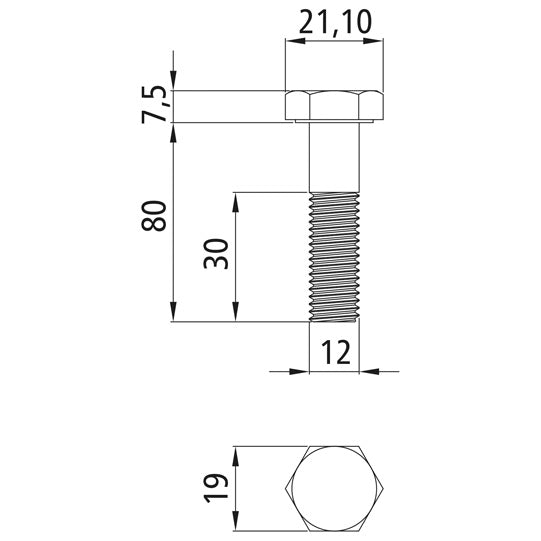 Sexkantsskruvar med skaft, förzinkade, M 12 x 80