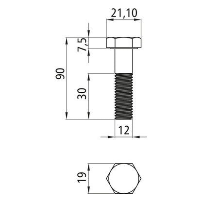 Sexkantsskruvar med skaft, förzinkade, M 12 x 90