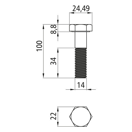 Sexkantsskruvar med skaft, förzinkade, M 14 x 100