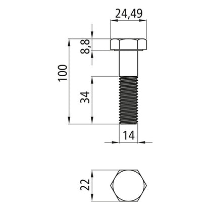 Sexkantsskruvar med skaft, förzinkade, M 14 x 100