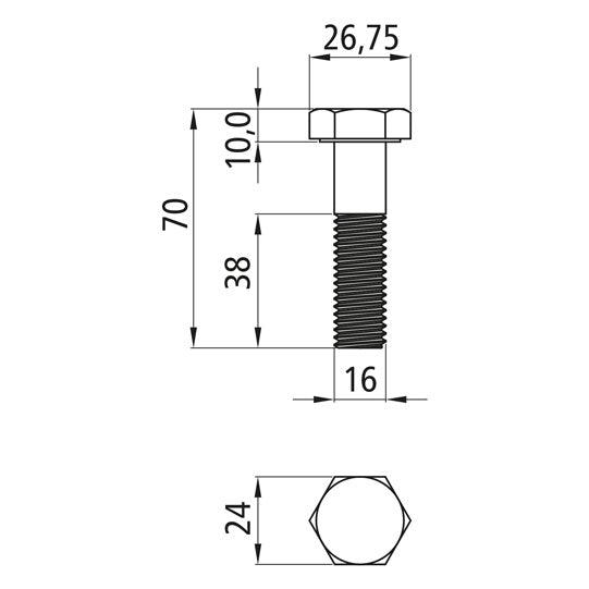 Hexagon head screws with shank, galvanized, M 16 x 70