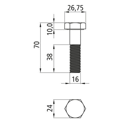 Hexagon head screws with shank, galvanized, M 16 x 70