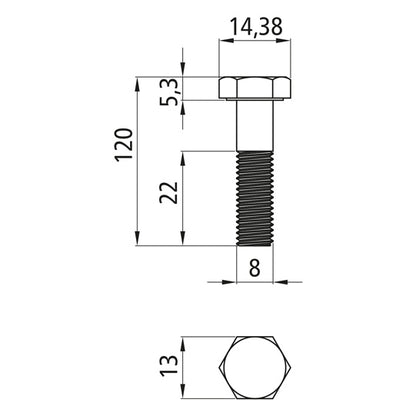 Sexkantsskruvar med skaft, förzinkade, M 8 x 120