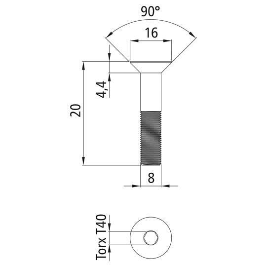 Försänkt skruv med Torx, galvaniserad, M8×20-8.8, liknande DIN79
