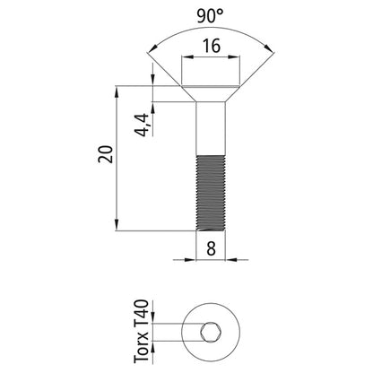 Försänkt skruv med Torx, galvaniserad, M8×20-8.8, liknande DIN79