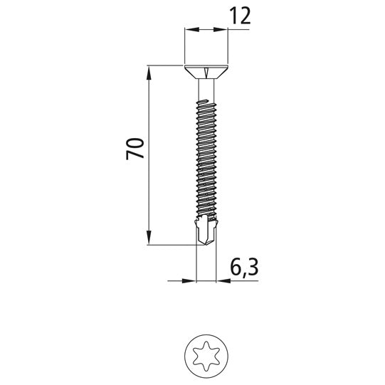 Självborrande skruv, TORX T30, 6,3 x 70 mm, förz.