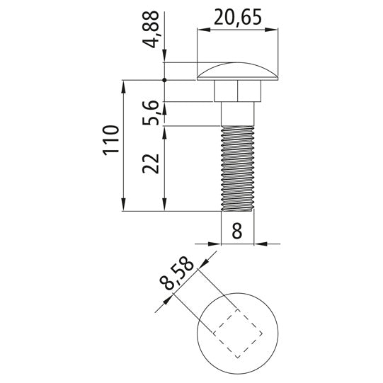 Truss-head bolt, galvanized, M8 x 110, hexagon nut