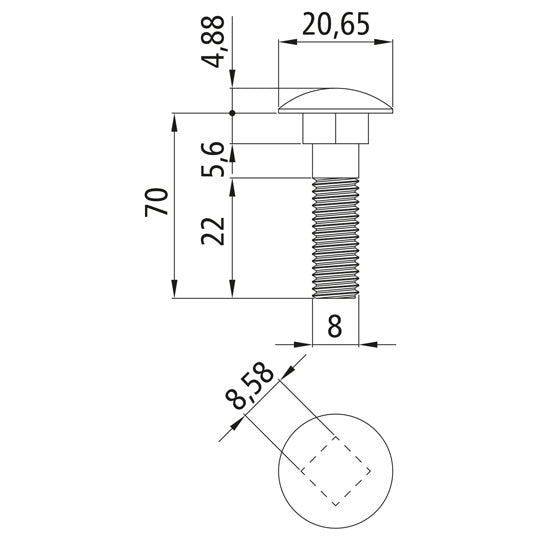 Truss-head bolt, galvanized, M8 x 70, hexagon nut