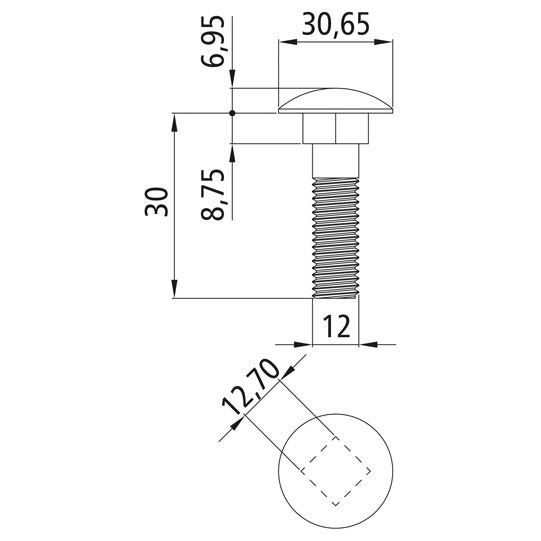 Bult med spets, DIN 603, förzinkad, M12 x 30, sexkantsmutter