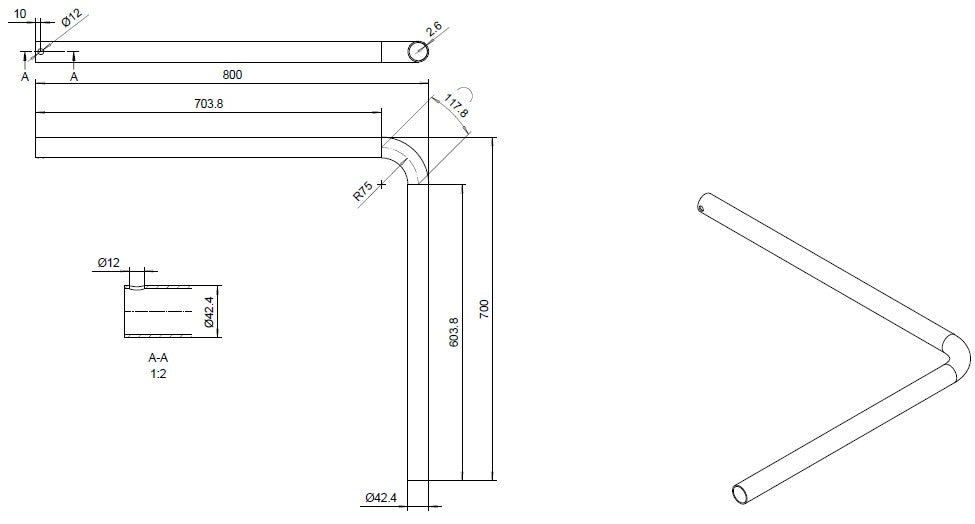 Sivusuojan kannakeputki 90° 700/800 mm, KZN