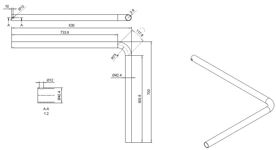 Sivusuojan kannakeputki 90° 700/830 mm, KZN